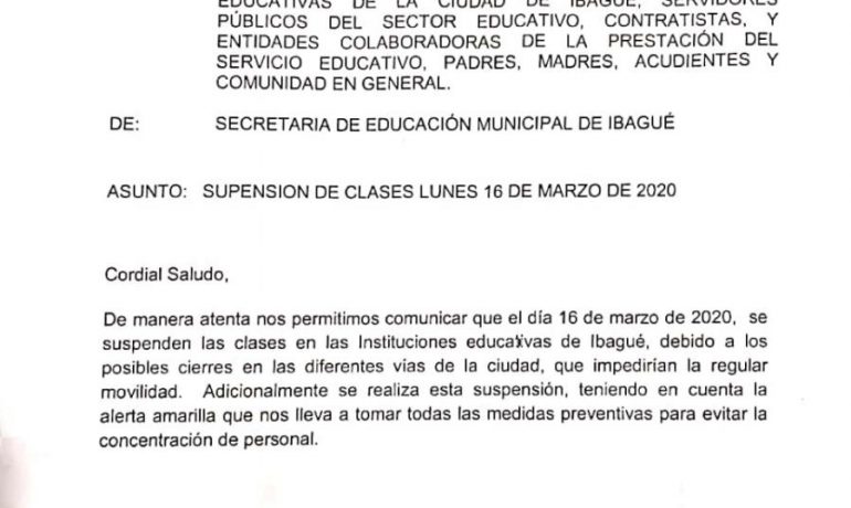 ¡Suspensión de clases lunes 16 de marzo de 2020!